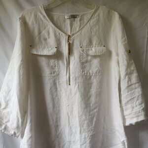 Company Ellen Tracy White Shirt Tunic Gold Large Women Linen Natural Minimalist
